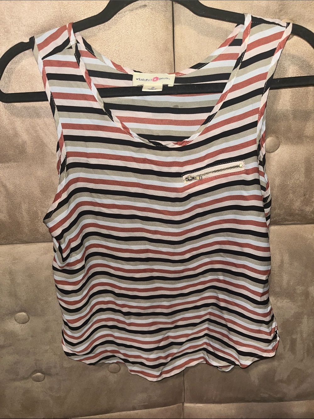 Striped Sleeveless Tank Top with Zip Pocket - White, Black & Rust